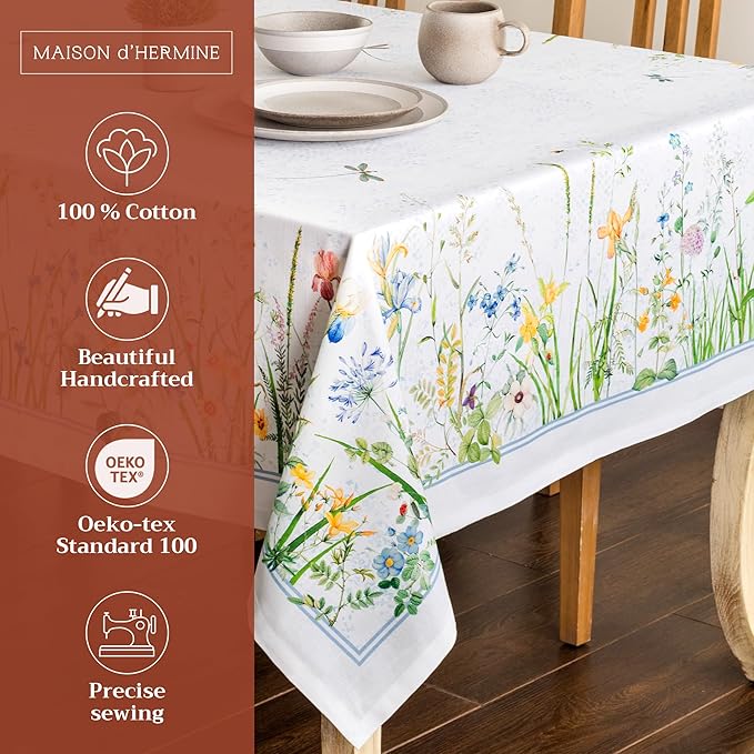 Maison d' Hermine Table Cloth Square Table 100% Cotton 54 x 54 Inches Tablecloth Reusable Decorative for Dining Room Farmhouse Home Valentines Day Decorations Spring Summer - Fleurs De Mai