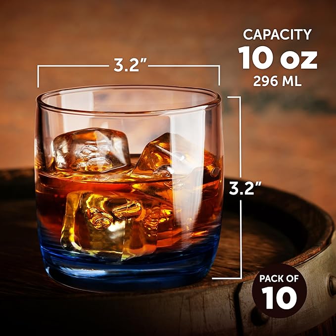 DISCOUNT PROMOS Whiskey Glasses 10 oz Set of 10, Bulk Pack - Heavy Base Old Fashioned Glass, Perfect for Scotch, Bourbon, Whiskey, Cocktail - Blue Bottom Color