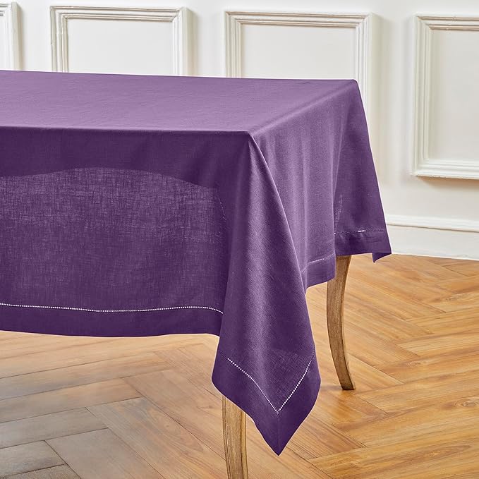 Solino Home Linen Tablecloth for Rectangle Tables 60 x 156 Inch - Classic Hemstitch 100% Pure Linen Purple Table Cloth - Machine Washable Cloth Tablecloth for Valentines, Spring, Easter