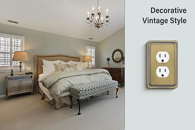 Henne Bery Rope Edge Decorative Wall Plate Switch Plate Outlet Cover (Single Duplex, 3 Pack, Antique Brass)