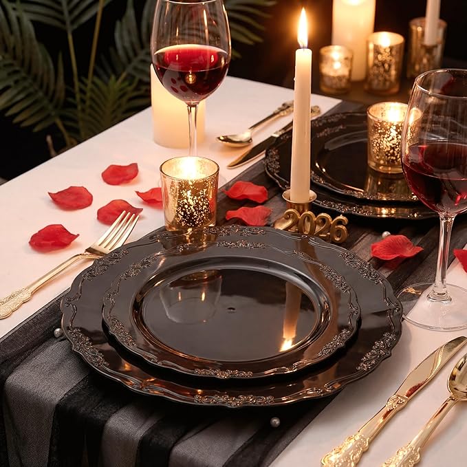 U-QE 100PCS Black Plastic Plates, Heavy Duty Black Plates Including 50PCS 10'' Dinner Plates & 50PCS 7.5'' Dessert Plate - Hard Plastic Plate for Party Wedding Bridal Shower