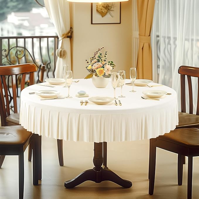 Ivory Spandex Round Tablecloths - 60 inch Fitted Table Cover with Skirt for Wedding Party Dining Banquet