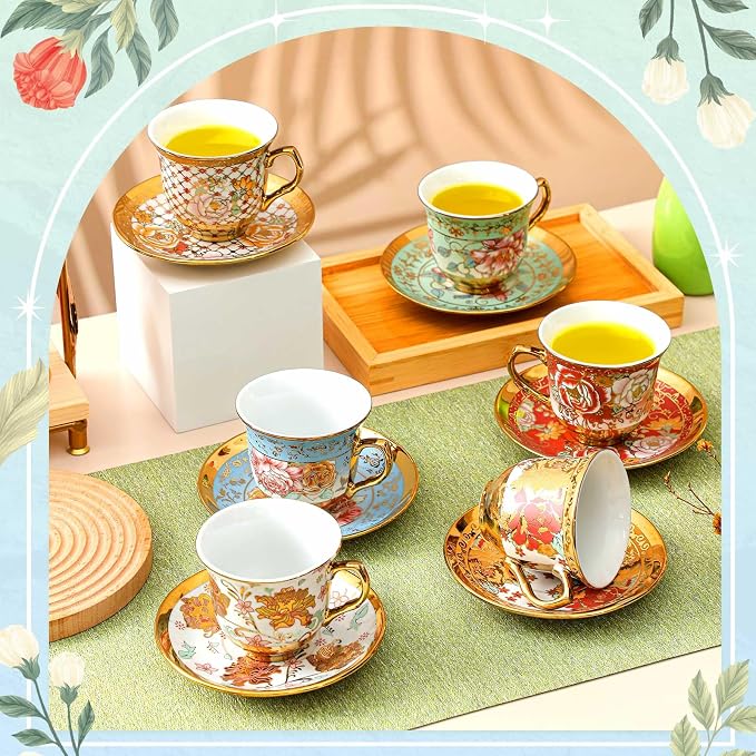 Teenyyou Set of 24 Tea Cups and Saucers Tea Party Decorations Floral Porcelain - Image 3