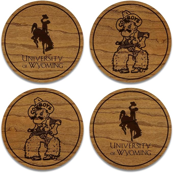 LazerEdge Wyoming Cowboys Wooden Coaster Set - Cherry Wood - Officially Licensed Product - 4-Pack