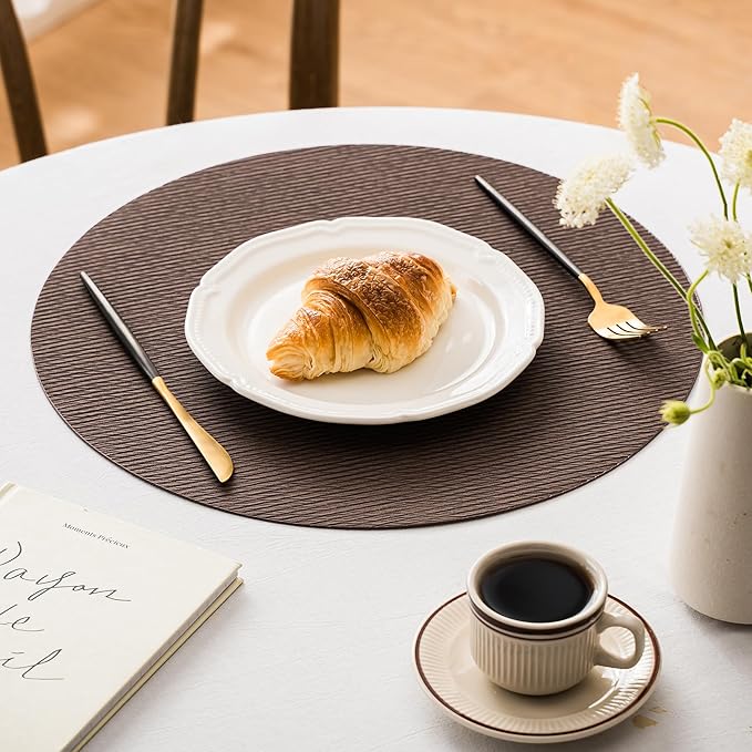 Jovono 15" Faux Leather Big Round Placemats Set of 4 - Washable Heat Resistant Non-Slip Dining Table Mats with Fabric Texture for Kitchen Home Party Decor, Coffee