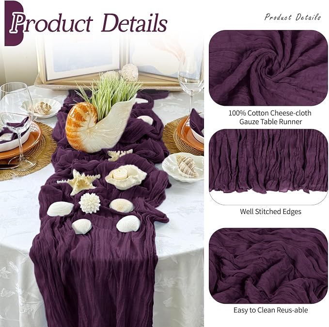 3 Pack Dark Purple Cheesecloth Table Runner 17x108 Inch Semi Sheer Boho Gauze - Image 5