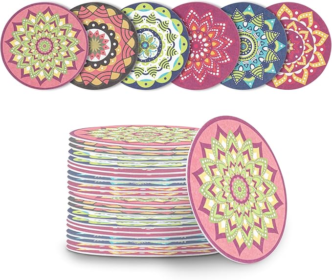 Restaurantware Super Absorbent Coasters 48 Case 4 Inch Assorted Paper Bar Coasters High-Density Pulpboard Beverage Coasters Moisture-Absorbing Durable Drink Coasters - Assorted Designs