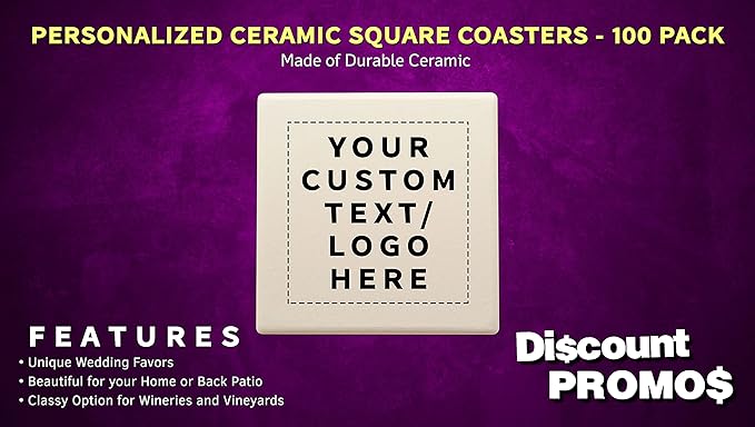 100 4" Square Ceramic Coasters Set - Customizable Text, Logo - Cork Bottom, Serve Ware - Natural
