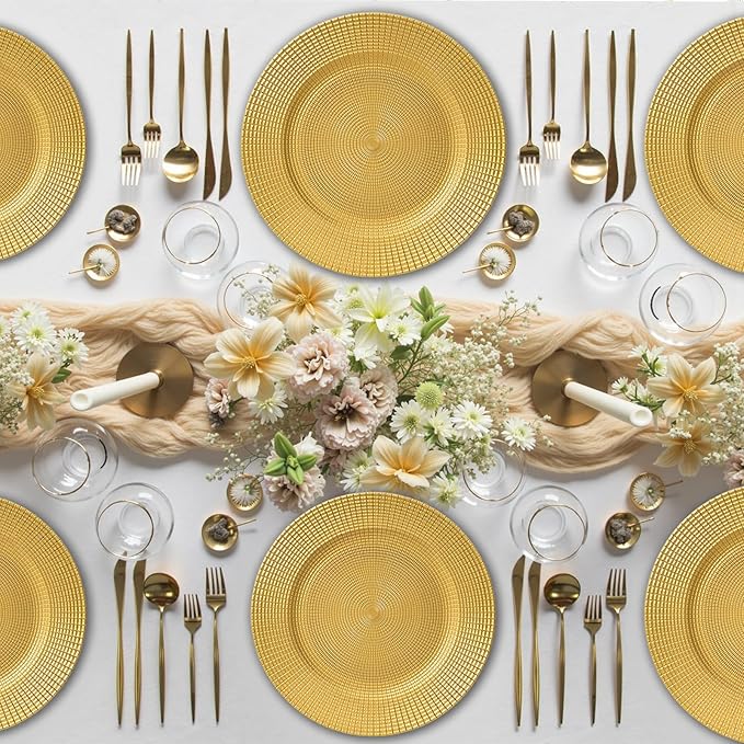 100 Pcs Gold Charger Plates Bulk, 13" Reusable Reef Serving Gold Chargers for Dinner Plates , Round Plastic Shiny Decorative Charger Plate for Wedding, Catering, Parties, Restaurant, Home Dinner Use