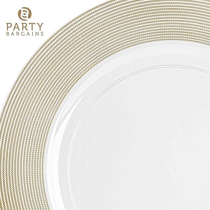 PARTY BARGAINS 13-Inch Charger Plates - 4 Pack, Clear Gold Rope Textured Rim, Heavy-Duty Disposable Chargers for Elegant Dining - Ideal for Weddings and Formal Events