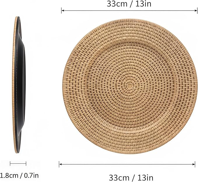 13 Inch Antique Gold Charger Plates Set of 6 Round Plastic Plates Matte Finish Faux Rattan Woven Texture Charger plates for Wedding Party Christmas (609)