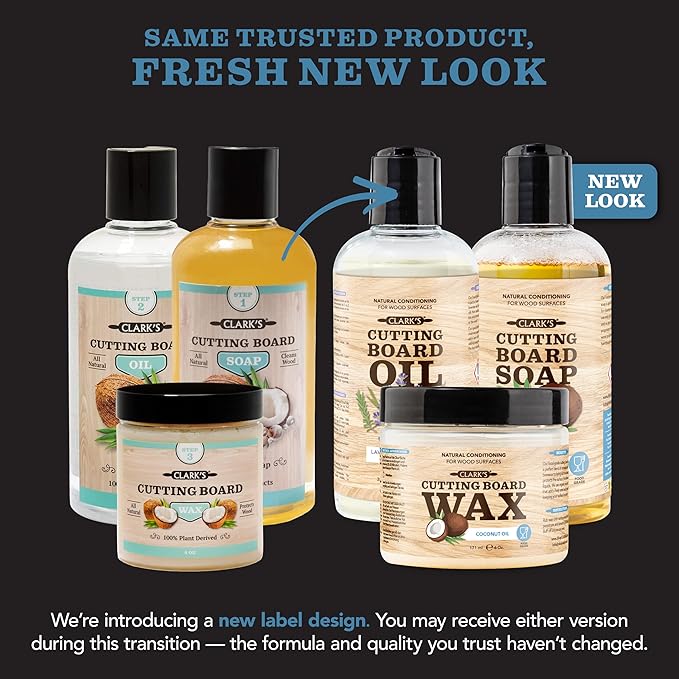 CLARK'S Cutting Board Care Kit with Coconut Oil - Includes Wax, Soap, Scrub Brush, Buffing Pad, and Applicator - for Kitchen Countertops, Butcher Blocks, Wooden Bowls and Utensils - Food Safe