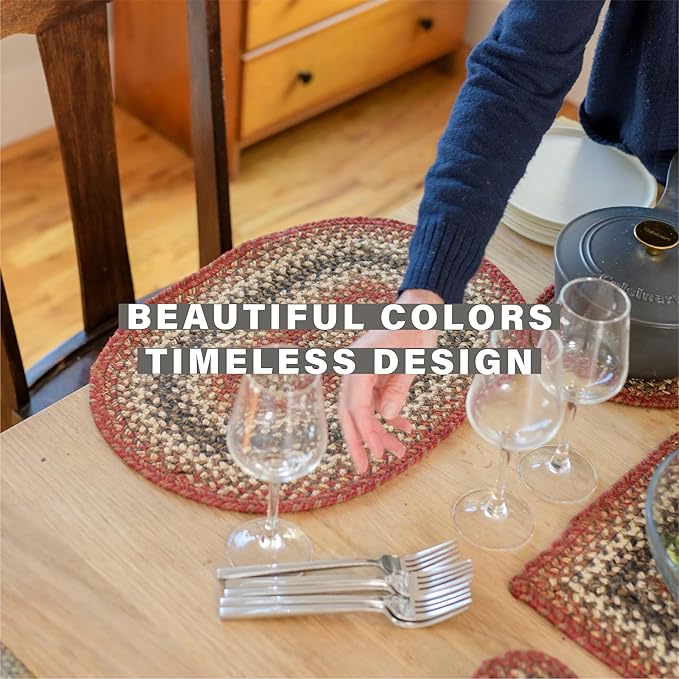 Homespice Chester Jute Braided Placemats, Warm Lodge and Cabin Decor, Set of 4, Red 13x19 Oval Table Mats - Vibrant Colors, Durable, Easy to Clean and Protects Furniture