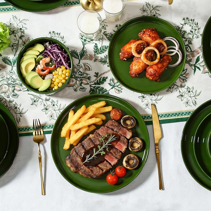 GZG Modern Art Series - 18 Pcs Speckled Stoneware Plates and Bowls Sets, Ceramic Dinnerware Set with Rustic Terracotta Underside, Microwave and Dishwasher Safe Handcrafted Dishes Set - Verdant Green