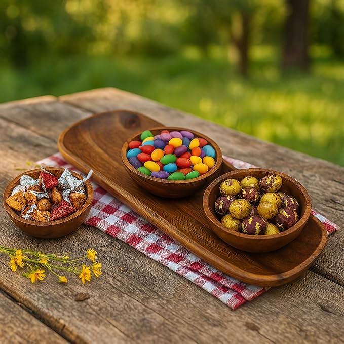 Acacia Wooden Calabash Bowls with Baguette Tray, 4-Piece Set: Three 4.25" Dip Bowls and 13.5" Bread Tray, Rustic Handcrafted Appetizer & Condiment Set