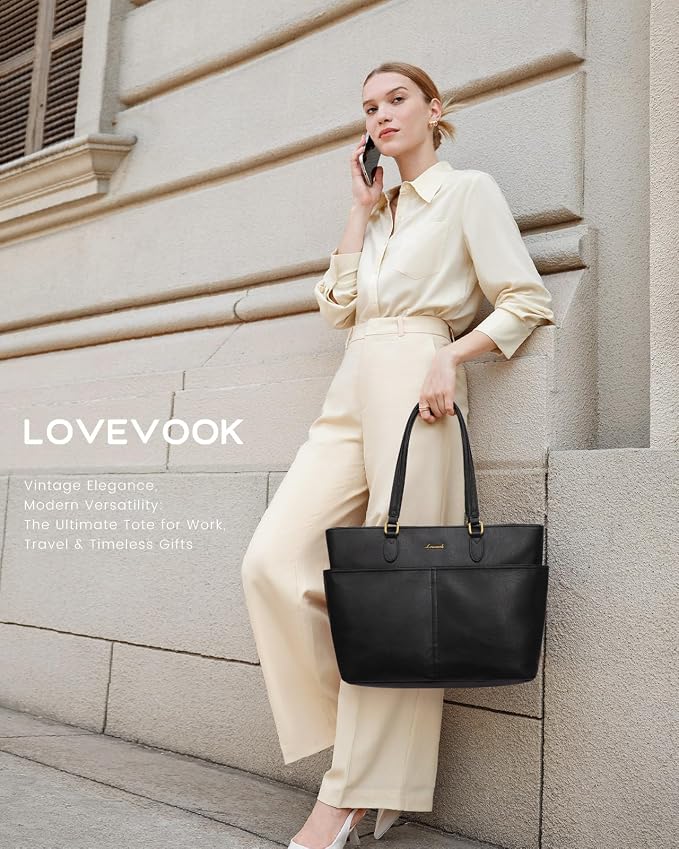 LOVEVOOK Work Tote Bags for Women, Vintage Leather 15.6 Inch Laptop Bag - Image 2