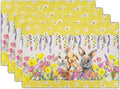Floral Bunny Placemats - Happy Easter Place Mats Set of 4 Spring Rabbit Daisy Tulip Flowers Tablemats 12x18 for Party Kitchen Farmhouse Yellow
