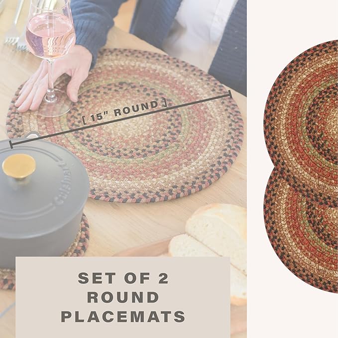 Homespice Gingerbread Round Braided Placemats, Warm Country Decor, Set of 2, 15", Brown Jute Table Mats - Vibrant Colors, Durable, Easy to Clean and Protects Furniture
