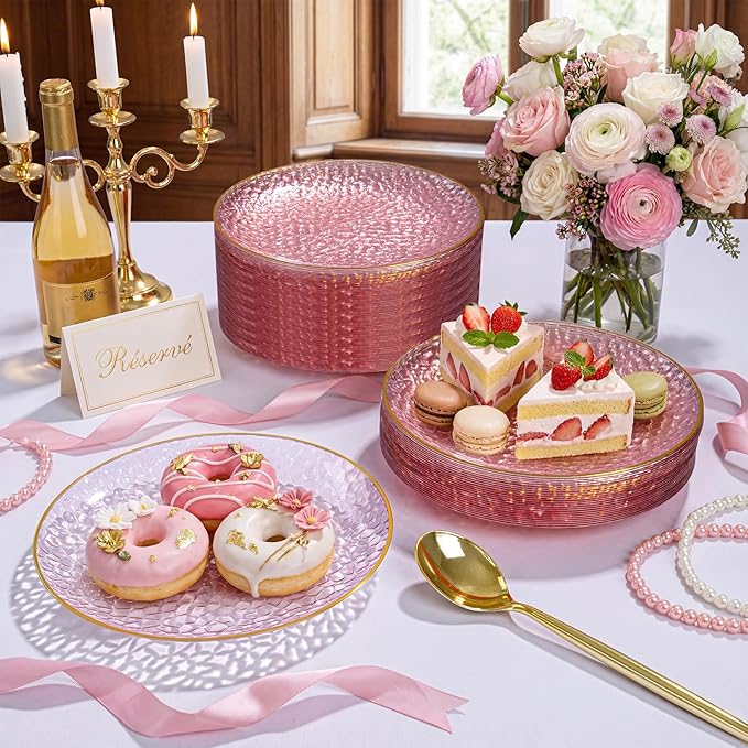 Rubtlamp 200Pcs Plastic Pink Dessert Plates with Disposable Gold Forks,Heavy Duty Pink Hammered Salad Platos, Gold Small Platos,Fancy Appetizer Plates for Mother's Day