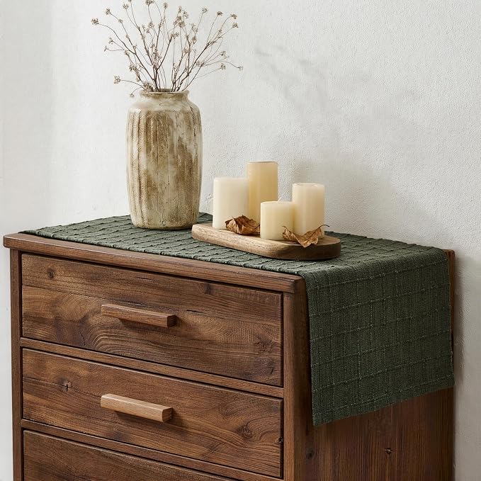 Artisanal Grid Linen Table Runner, 13x36 Inches Army Green | Heavy Textured - Image 3