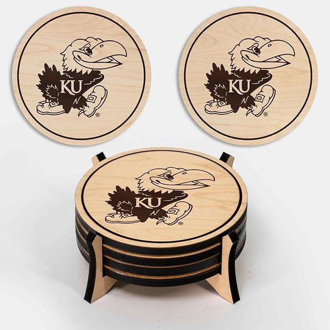 LazerEdge Kansas Jayhawks Wooden Coaster Set - Maple Wood - Officially Licensed Product - 4-Pack