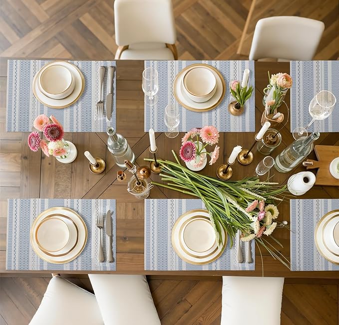 FAVE Blue Boho Vinyl Placemats Set of 4, Durable Woven Place Mats Washable Heat Resistant PVC Table Mats for Parties,Weddings, Dining,Banquet(Blue, 4PCS)