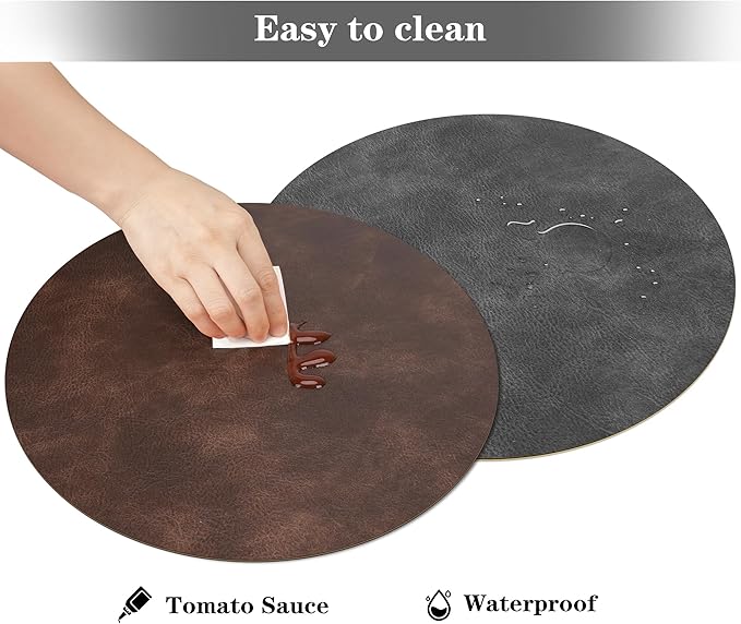Round Placemats and Coasters Set of 8, Washable Reversible Faux Leather Placemats Cowhide Pattern Place Mats Wipeable Non-Slip 15 inch Round Kitchen Dining Table Mats (Gray Dark Coffee, 8)