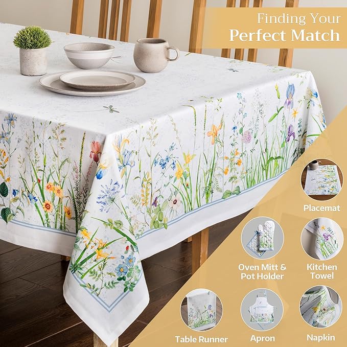 Maison d' Hermine Table Cloth Rectangle Table 100% Cotton 70 x 140 Inches Tablecloth Reusable Decorative for Dining Room Farmhouse Home Valentines Day Decorations Spring Summer - Fleurs De Mai