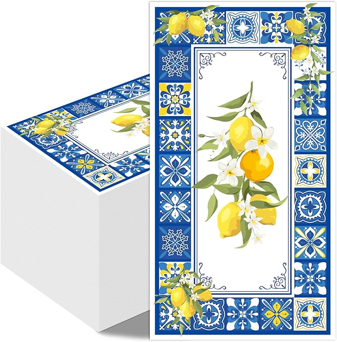 Amalfi Coast Party Decorations - 100 Pcs 7.9 x 4.3 in Lemon Napkin Blue Tiles Mediterranean Disposable Paper Hand Towels, Summer Fruit Lemonade Lemons Theme Birthday Bridal Shower Supplies