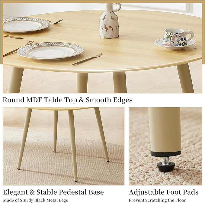 43.3 Inch Round Dining Table Set for 4, Modern Small Kitchen Coffee Set for Dining Room Kitchen Apartment (Cream Table+4 U-Shaped Brown Chairs)