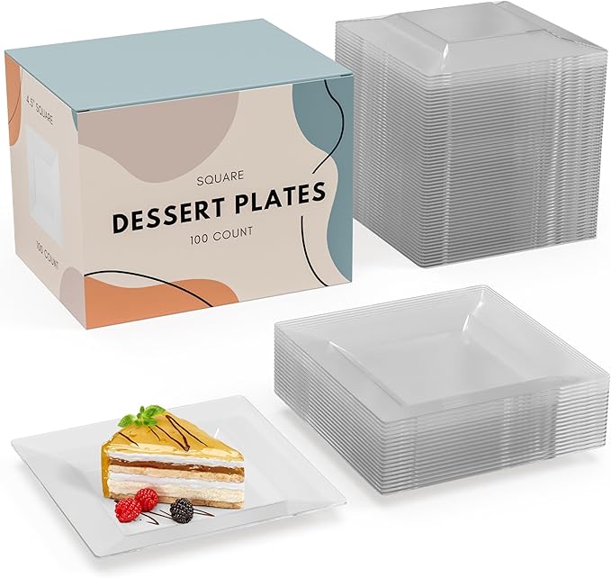 Exquisite Mini Disposable Appetizer Plates - 100 Pack 4.5" x 4.5" Crystal Clear Plastic Dessert Plates - Elegant Design for Weddings, Birthdays, Formal Parties - Stackable & Convenient - BPA Free