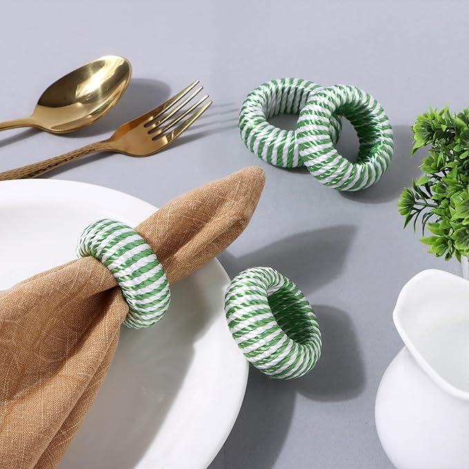 Napkin Rings Set of 12 - Rayon Napkin Holders for Dining, Anniversary, Birthday, Christmas | Napkin Rings for Home and Kitchen Décor | Adornment for Table Settings(Green White) - ALPHA Living HOME