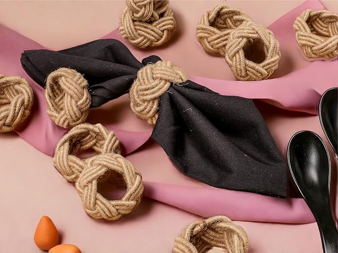 CLEENTABLE Farmhouse Napkin Rings Set of 12 - Nautical Woven Round Coastal Jute & Cotton Tabletop Decor for Weddings, Parties, Everyday Dining, Gifting - Easy to Clean (Brown)