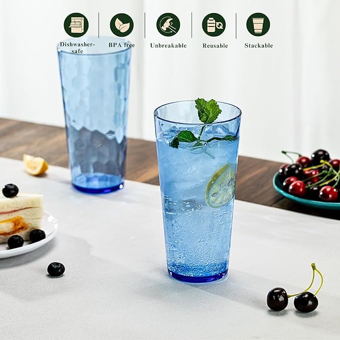 26oz Blue Acrylic Glasses Drinkware (Set of 6), Hammered Design Shatter-Proof Plastic Cups, Reusable Large Drinking Tumblers, Stackable, BPA-Free, Dishwasher-Safe (Blue)