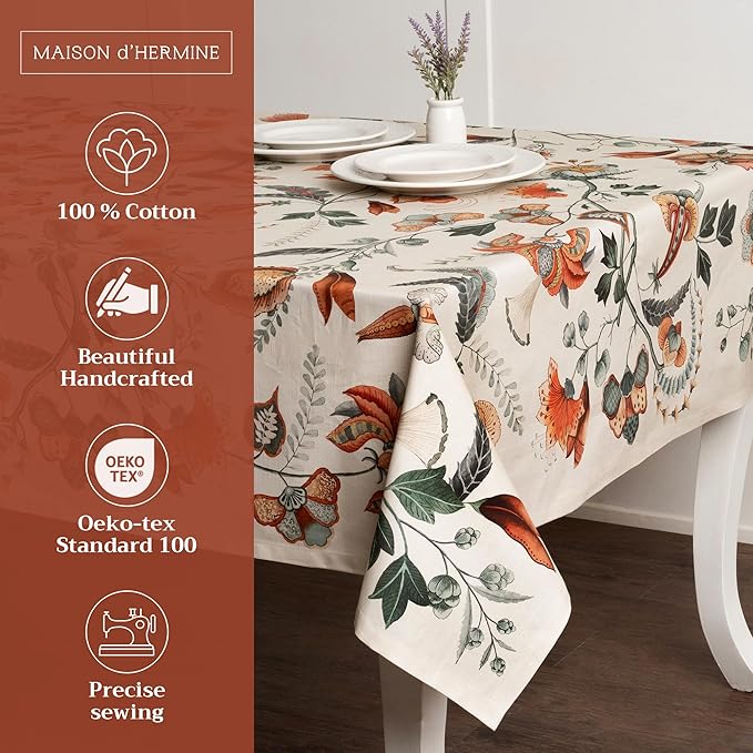 Maison d' Hermine Table Cloth Square Table 100% Cotton 54 x 54 Inches Fall Tablecloth Reusable Everyday Use for Thanksgiving Christmas Decorations Dining Farmhouse Party (Dalida)
