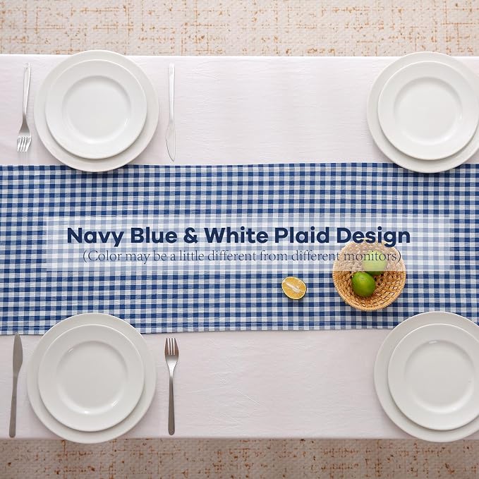 Navy Blue White Plaid Gingham Ruffle Table Runner 108 inches Long 100% Washed - Image 4