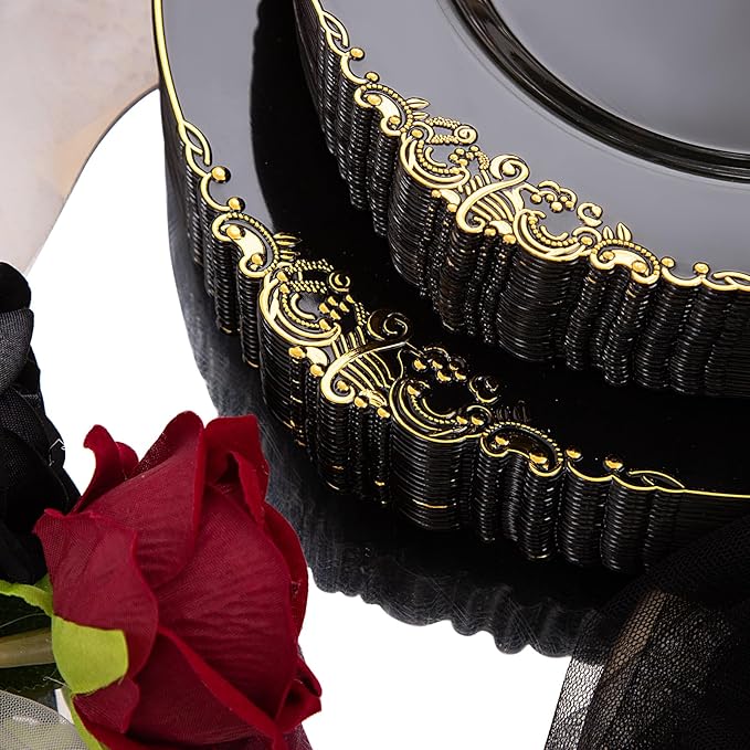 Hioasis 175pcs Black and Gold Plates - Black Party Plates for 25 Guest, Include 50 Heavy-duty Plates(20% Thicker Than Standard), 75 Cutlery Set, 25 Napkin, 25 Cups