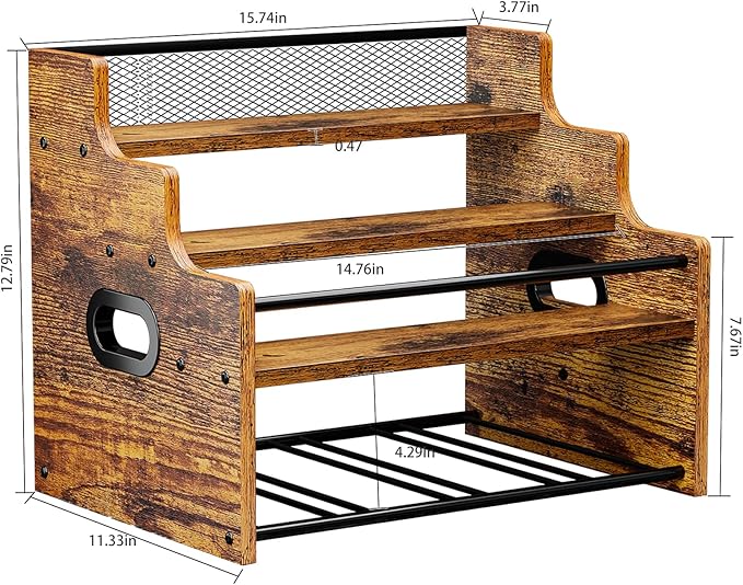 KLM 4-Tier Wood Display Shelf, Black Modern Bottle Organizer, Countertop Bar Stand for Liquor, Coffee Syrup, (Brown)
