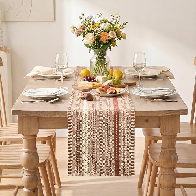 Artoid Mode Caramel Farmhouse Stripe Braided Table Runner 12x72 Inch | Holiday - Image 2