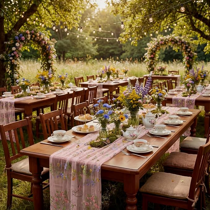 Pink Floral Table Runner 10ft Embroidery Tulle Spring Wildflower Table Runner - Image 8