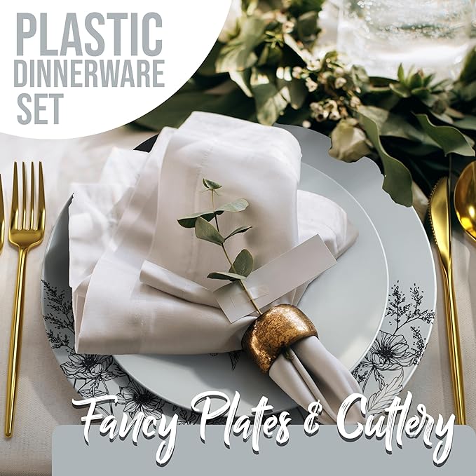Trendables Fancy Plastic Dinnerware Sets 200 Pc 40 Guests Gold Silverware Disposable 40 X 10 Inch Charger Plates 40 X 8 Inch Dessert Plates 40 x Gold Plastic Forks and Spoons Knives In Dandelion Bloom