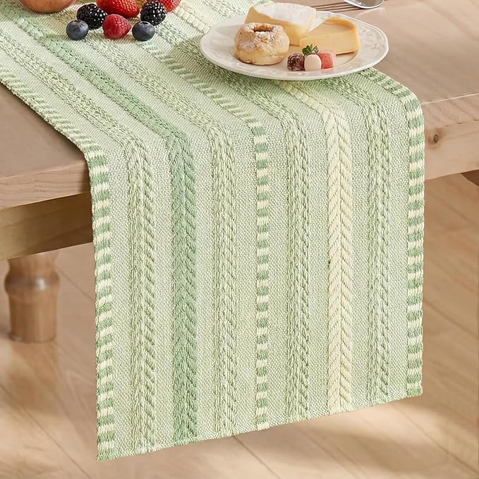 Artoid Mode Sage Green Farmhouse Stripe Braided Table Runner 12x90 Inch | by ArtoidMode