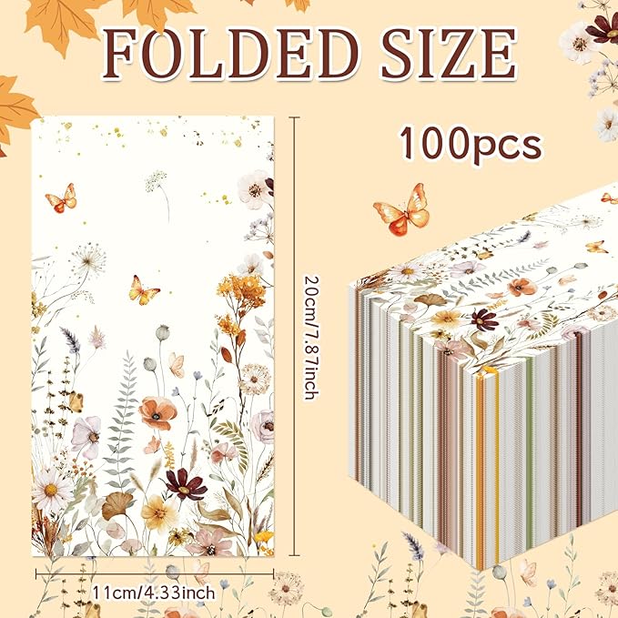 Fall Floral Paper Napkins - 100 Pcs 7.9 x 4.3 in Autumn Wildflower Napkin Decorations Set, Wild Floral Disposable Hand Towels, Birthday Wedding Bridal Shower Thanksgiving Party Supplies Decor