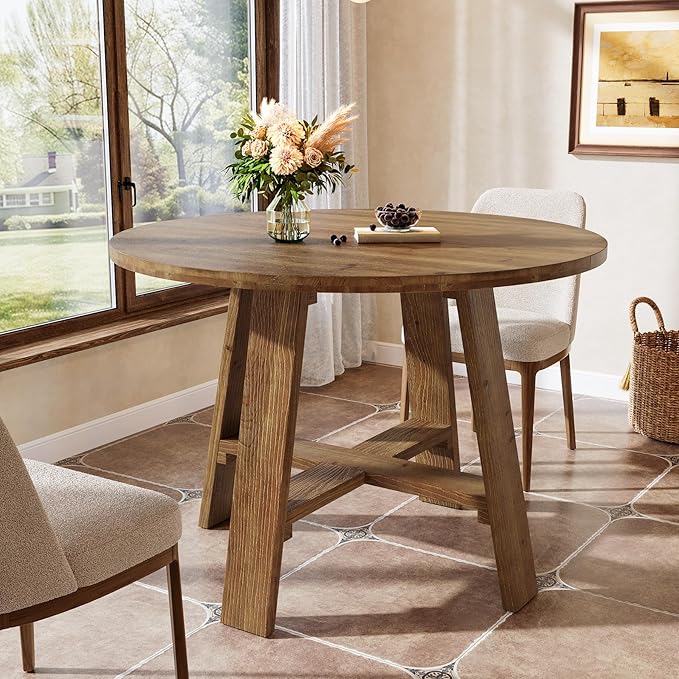 39.4" Round Dining Table for 2–4 People, Solid Wood Farmhouse Kitchen Table with Natural Wood Grain for Dining Room, Rustic Brown
