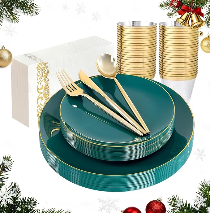 LUODA MirthMood 210pcs Green Plastic Plates,Disposable Green Gold Party Plates,Include 30 Dinner,Dessert Plate,30 Cup&30 Napkins, 90 Gold Silverware for Wedding & Party & Birthday（green）