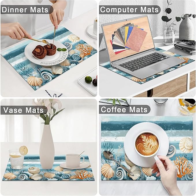Ocean Seashell Placemats Set of 6, Beach Starfish Place Mats, Coastal Marine Life Waterproof Washable Table Mats for Home Party Indoor Kitchen Dining Table Decoration 12x18 Inch