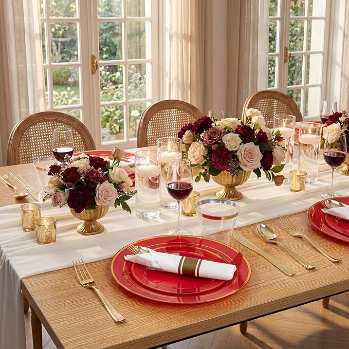175 Pieces Red Plastic Plates with Gold Rim Include Dinner Plate 10”, Dessert Plate 7”, gold Cups 9 OZ, Pre Rolled Napkins 25 of each type for Party Valentine's Day