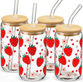Glass Cups with Lids and Straws with Design Strawberry 4 pcs, Glass Tumbler by DWTSDANWEITESI