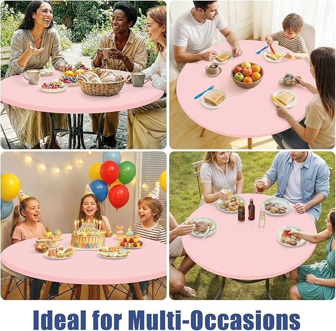 Round Spandex Valentines Day Tablecloth, Elastic Fitted Waterproof Tablecloths for 31"-35" Tables, Stretch Washable Picnic Table Cover for Camping, Dining, Indoor and Outdoor, Pink