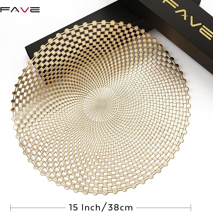 FAVE Set of 4 Gold Vinyl Round Placemats, Spiral Hollow Out Washable for Weddings, Parties, Birthdays, Restaurant & Home (15 Inch)